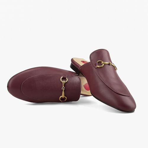 Image of Arqa Mules for Women Almond Toe Leather Flats Slip-on Comfort Backless Loafers Buckle Mule Shoes