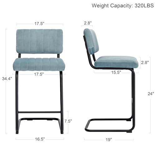 Image of ONEVOG Modern Counter Height Stools with Velvet Backrest, 24Inch Solid Metal Legs Bar Stool Set of 2, Barstools for Kitchen Dining Party, Sturdy Bar Chairs (Blue)