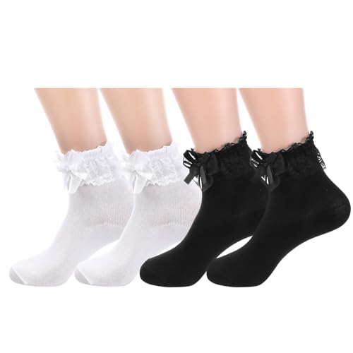 Teaaha 2 pares de calcetines con volantes para mujer, color blanco y negro, con volantes, de encaje, calcetines de algodón con volantes para niñas y niñas pequeñas