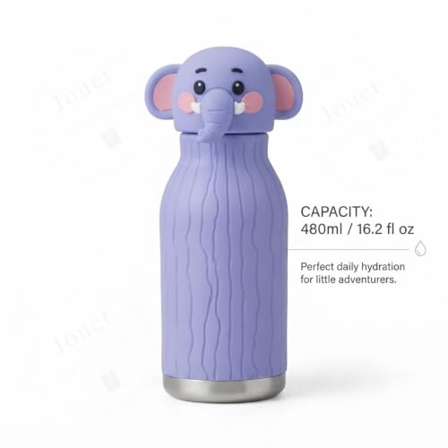 Image of JOUET 450ml Stainless Steel Kids Water Bottle with Cute Elephant Character Lid, Leakproof Drinking Bottle for School, Travel, Sports & Everyday Use