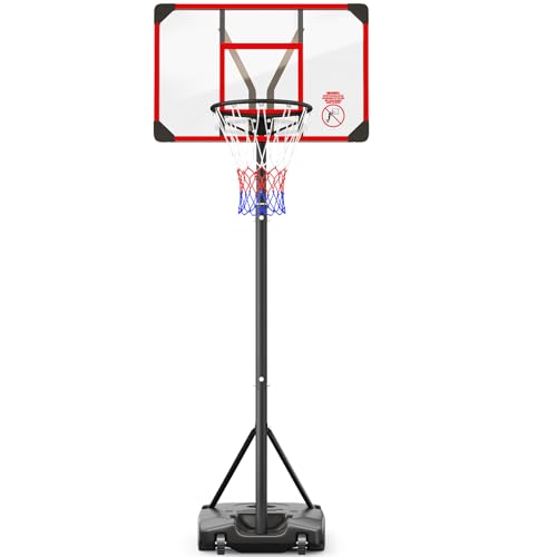 Basketballkorb Outdoor mit Ständer, 147-260 cm höhenverstellbar, 82 x 53 cm bruchsichere Rückwand, vergrößerter Boden und Räder, Indoor und Outdoor (Rot)