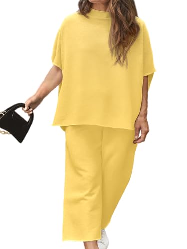 Image of Beautife Women's Plus Size 2 Piece Outfits 3 /4 Batwing Sleeve Capelet Crew Neck Pullover Top Wide Leg Pants Lounge Set