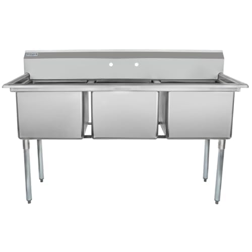 Image of Empura 63 inch Wide Stainless Steel Three Compartment Commercial Sink | Prep Utility 18 x 18 Bowl for Catering Laundry Garage | 3.5 inch Drain Basket, 9.75 inch Backsplash, 63 inchW x 23.5 inchD x 44.25 inchH, 18 Gauge, NSF