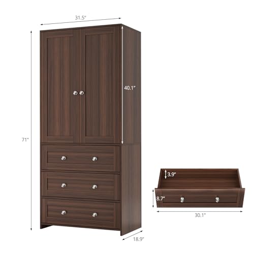 VOWNER Armoire Wardrobe Closet with Drawers and Mirror, 71" Clothing Storage Cabinet with Hanging Rod, 2 Doors Wooden Wardrobe Cabinet for Bedroom, Large Capacity Storage - Image 3