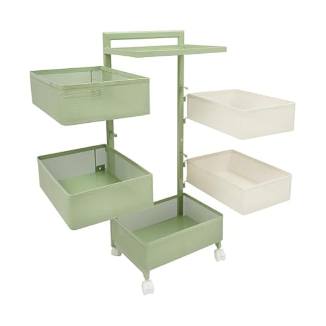 Rotating Kitchen Storage Rack with 5 Baskets, Spice Organizer Cart with Wheels & Brakes, Carbon Steel Vegetable Basket for Pantry, Fruits, Vegetables - Green & White, 13.8x10.3x34.5''-Jddf4evH