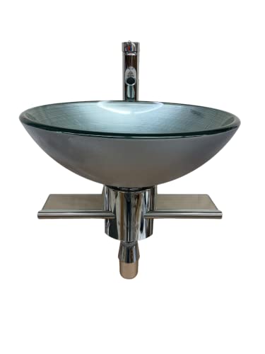Lorixon Lv-002Slvr Elegant Modern Floating Small 16" Wide Bathroom Vanity Tempered Glass Silver Gray Vessel Sink Wall Mount Stainless Steel Pedestal Clear Glass Shelve Towel Bar Pop Up Combo Set #TOP1