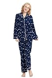 GLOBAL Women's Pyjama Sets 100% Cotton Flannel Ladies PJs Button Front Top Drawstring Bottoms Navy Blue,Star M