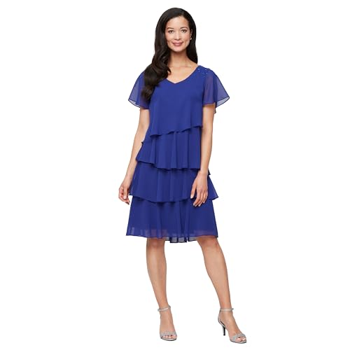 Image of S.L. Fashions Women's V-Neck Chiffon Cocktail Dress with Beaded Shoulders and Asymmetrical Tiers (Petite and Regular Sizes)