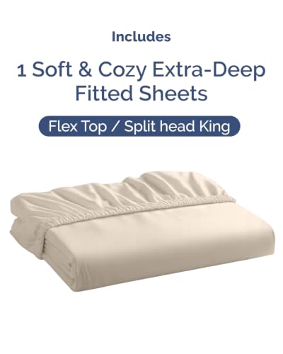 Image of Extra Deep Flex Top Split Head King Fitted Sheet - Hotel Luxury Single Fitted Sheet Only - Easily Fits 18 inch to 24 inch Mattress - Ultra Soft, Wrinkle Free w /Extra Deep Pockets - Wheat