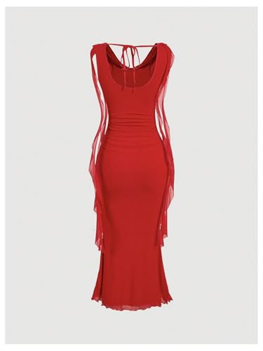 GORGLITTER Women's Mesh Bodycon Fishtail Dress Ruched Sleeveless Ruffle Cowl Neck Summer Graduation Midi Sun Dresses2