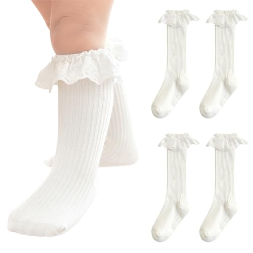 Image of HOUSEYUAN Infant Frilly Baby Girls Knee High Socks Newborn Thigh Lace Ruffle Long Socks Toddler Tights Stockings 6-12 Months