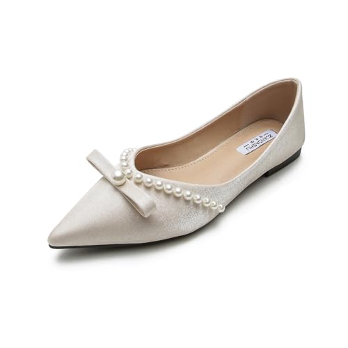 Women's Pearl Decoration Satin Flats Fashion Pointed Toe Bow Slip-on Flat Shoes Low top Comfortable Dress Shoes