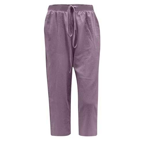 hlysgo Capri Pants for Women 2025 Summer Cotton Linen Casual Pants Plus Size Drawstring High Waist Beach Capris with Pockets3