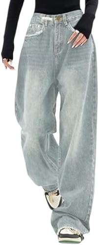 EMMIOL Y2K Washed Jeans for Women High Waist Jeans Wide Leg Baggy Cargo Pants Casual Loose Boyfriends Trousers Vintage Streetwear Light Blue