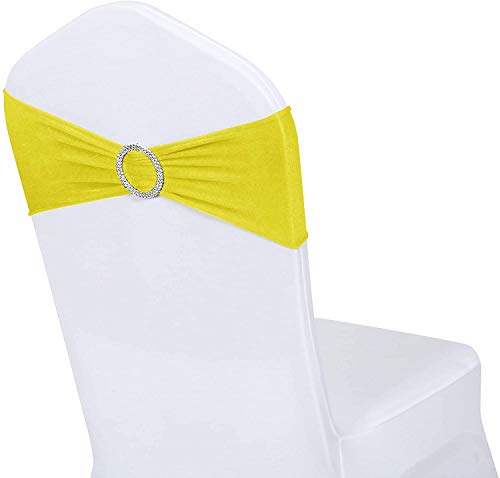 Gelozed 25 PCS Spandex Stretch Chair Sashes Bows for Wedding Reception- Universal Elastic Chair Cover Bands with Buckle Slider for Banquet, Party, Hotel Event Decorations Yellow Sashes (Yellow, 25)