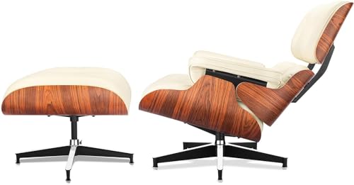 Image of Top Cream White Grain Leather, Mid Century Chaise Lounge Chair and Ottoman, Modern Chair Classic Design, Palisander Wood, Heavy Duty Base Support for Living Room Office