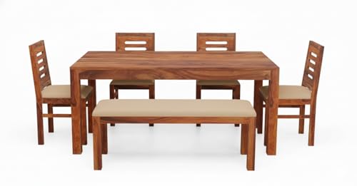 Image of RECTART Solid Sheesham Wood Dining Table Set 6 Seater for Dining Area Living Room | 4 Chair & 1 Bench | Hotel /Restaurant Dining for Six People | (Natural Teak Urban White, 6 Seater with Bench)