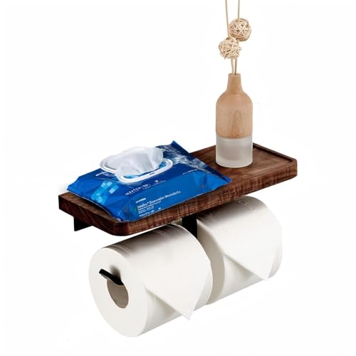 Double Toilet Paper Holder with Shelf, Tissue Holder for Bathroom, Wooden Wall Mount & Adhesive Toilet Paper Roll Holder, Wood Bathroom Accessories, 304 Stainless Steel & Walnut Wood