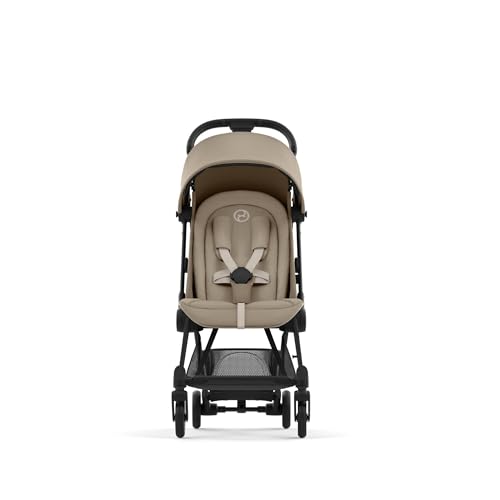 Image of Cybex Coya Compact Stroller, Lightweight One-hand Fold, Travel-Friendly Pram for Newborns, Infants, and Toddlers, Age 0-4 years, Flat Recline Position, One Pull Harness, Hand Luggage Compatible, Stroller (Cozy Beige and Black Frame)