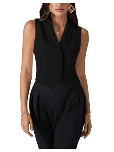 SweatyRocks Women's Button Front Vest Blazer Lapel Collar Sleeveless Slim Fit Jacket Top