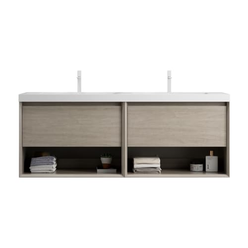 Zestaw mebli łazienkowych 140 cm, montaż ścienny z podwójnym zbiornikiem, 2 szuflady Soft-Close, otwarty regał, wstępnie zmontowany, jasny dąb o wyglądzie drewna