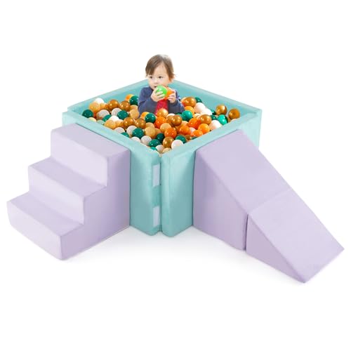 Costzon Toddler Climbing Toys Indoor, 3-in-1 Kids Ball Pit with Suede Fabric Soft Play Set (Balls Not Included) for Inside Crawling Sliding Playing, Foam Climbing Blocks for Toddlers, Lavender & Green