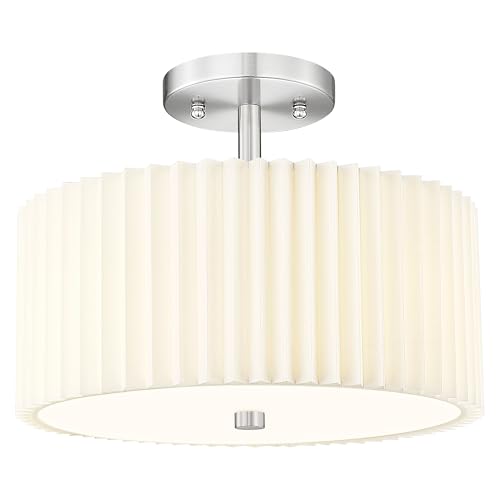 Image of Semi Flush Mount Ceiling Light, 3-Light 12.5 inch Ceiling Light Fixture with White Pleated Fabric Shade, Brushed Nickel Drum Lamp for Nursery Hallway Bedroom Kitchen, AD-25036-3SF-SN