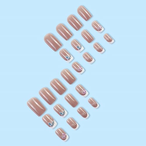 Ohwoda French Tip Press On Nails Medium Square Fake Nails Glossy Pink Blue Butterfly False Nail Tips Nude Artificial Nails Finger Manicure Decorations For Women And Girls-24Pcs thumb #3