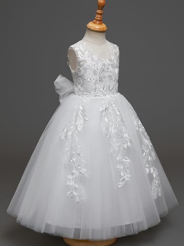 Lace Applique Flower Girl Dress Wedding Tulle Bow Knot Ball Gowns Crew Neck Sleeveless First Communion Long Dress3