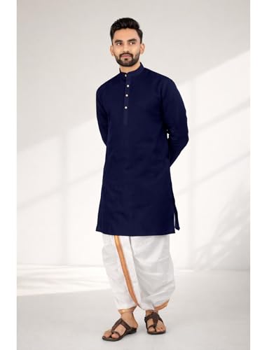 Image of UNIQUE MOMENTS Men's Cotton Dhoti Kurta Set with Full Sleeves Solid Pattern Modern Style and Mandarin Collar Neck | Perfect for Puja & Celebrations