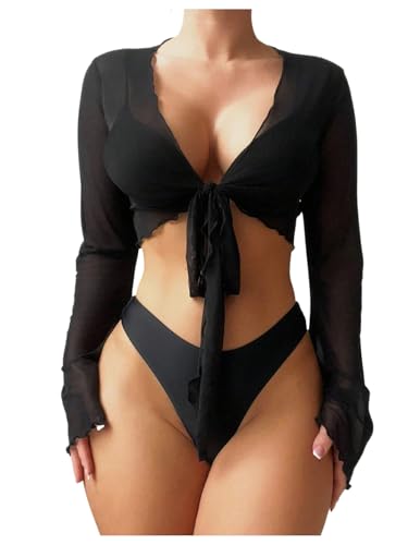 SweatyRocks Women's Sheer Mesh Tie Front Cover Ups Tops Long Sleeve Swimsuit Coverups Swimwear