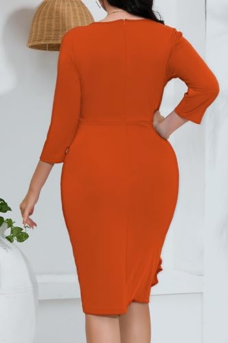 Image of Plus Size Dresses for Curvy Women 3 /4 Sleeve Bodycon Fit Ruffle Midi Pencil Dress