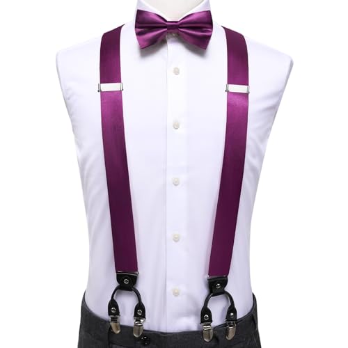 Image of Hi-Tie Men Suspender Bowtie Set Suspenders Pre-tied Bow Tie Pocket Square Cufflinks Adjustable Y Shape 6 Clips Braces Tuxedo