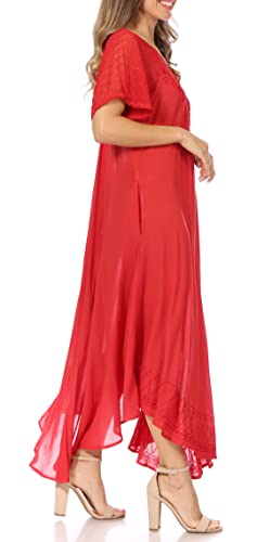 Image of Sakkas Egan Long Embroidered Caftan Dress /Cover Up with Embroidered Cap Sleeves