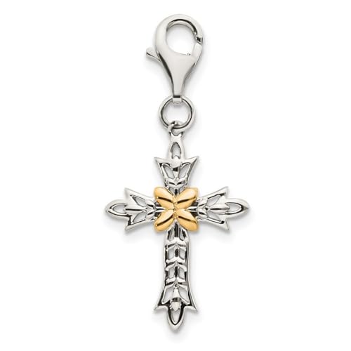 Collar con colgante de plata de ley 925 con cierre de langosta amarillo de 14 quilates con cruz religiosa 3D con cierre de langosta de 30 x 15 mm, dije de estilo broche para mujer, Plata de ley
