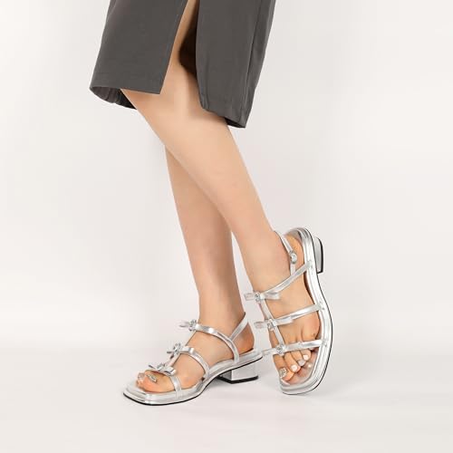 Zamikoo Womens Chunky Block Low Heel Sandals Square Toe Heels Strappy Summer Heeled Sandals Elastic Rhinestone Bow Sandals Cute Casual Dress Shoes 1.2 Inch2