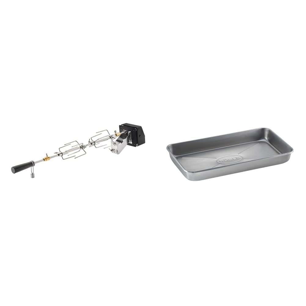 RÖSLE Premium-Drehspieß, Traglast 10 kg & Barbecue Universalschale PRO, Hochwertige Edelstahlschale mit hohem Rand zum Marinieren, Servieren oder als Tropfschale für Gas- und Kohlegrills