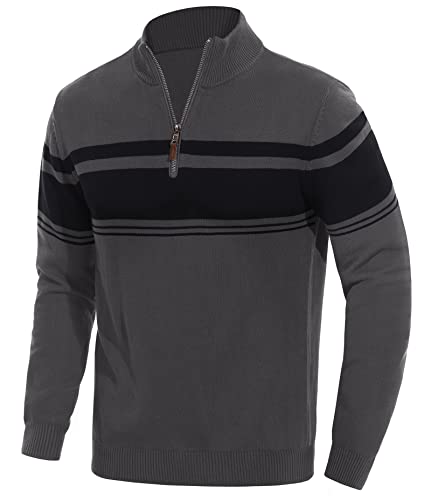 EKLENTSON Men's Quarter Zip Pullover Sweater Striped Knitted Turtleneck Pullover Winter Golf Sweater
