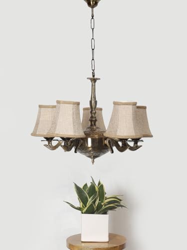 Image of Devansh 05 Lights Beige Round Shade with Antique Golden Chandelier -K