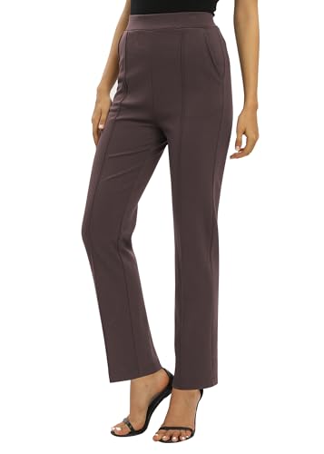 EXCHIC Damen Business Büro Gerades Bein Arbeits Hosen Freizeit Elastische Taille Hosen mit Taschen(S, Braun)