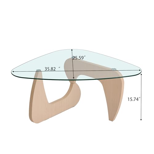 Image of 35.8 inch Glass Coffee Table, Mid-Century Modern Coffee Tables for Living Room, Organic Round Coffee Table with Clear Tempered Glass Top and Natural Wood Base, Small Center Table, Mesa de Centro para Sala