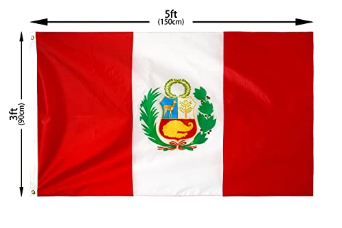 DANF Peru Flag 3x5 Ft Thick Polyester, Fade Resistant, Brass Grommets, Canvas Header, Double Sided Peruvian National Flags 3x5 Feet