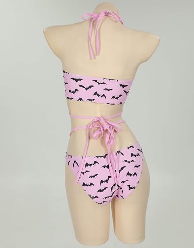 MEOWCOS Gothic Bat Pink Bikini Set Swimsuit Heart Buckle Halter Lace-up Top and Triangle Panty Bathing Suit Swimwear3
