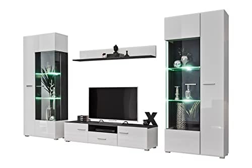 Generisch Wohnwand SOLIDO Twin Wohnzimmerset TV Wand Weiß Hochglanz Anbauwand Wohnzimmer Fernsehwand