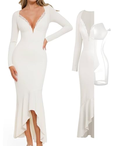 Popilush Long Sleeve Cocktail Dress for Women Shapewear Tummy Control Party Dresses Deep V Neck Lace Mermaid Maxi Dress