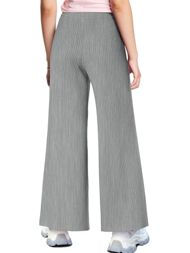 Image of Haloumoning Girls Solid Rib Knit Wide Leg Pants Elastic Waist Flowy Casual Sweater Pants 5-14 Years