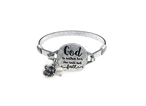 Wonderent “God is Within her. She Will not Fall” Handmade Beautiful Christian Bangle Bracelet with Wire Design and Flower Charm and Bead