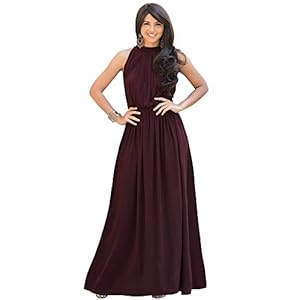 KOH-KOH-Sexy-Sleeveless-Summer-Formal-Flowy-Casual-Gown KOH KOH Womens Long Sexy Sleeveless Bridesmaid Halter Neck Wedding Party Guest Summer Flowy Casual Brides Formal Evening A-line Gown Gowns Maxi Dress Dresses, Maroon Wine Red L 12-14