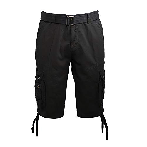 LeeHanTon Cargo Shorts for Men Belt Waist Cotton Regular Fit Multi Pockets Big & Tall Size Twill Shorts (Black 34)