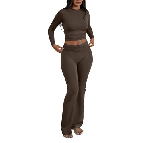 Two Piece Lounge Sets for Women Fold Over Flare Pants Short Sleeve Crop Top Y2k Outfits Matching Set Tracksuit Black X-Small